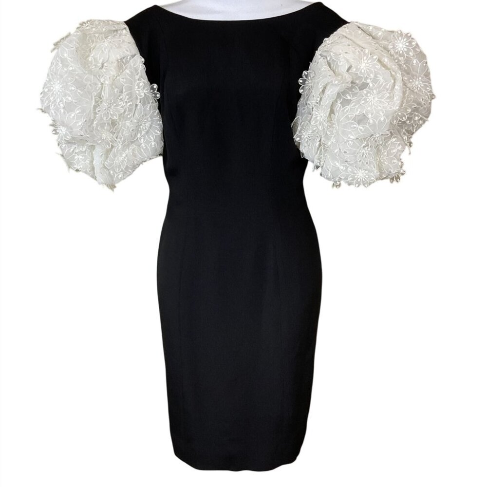Victor Costa VTG 1980s Designer Black Cocktail Dress 3D Petal Puff Sleeves Sz 8